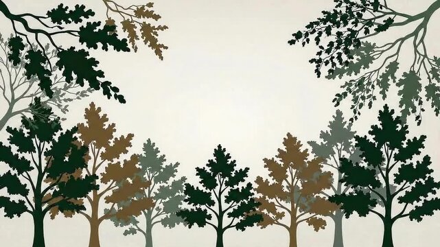 Minimalist nature illustration featuring layered trees and foliage forming a calm forest scene, flat vector style with soft neutral background, organic shapes, peaceful natural atmosphere.