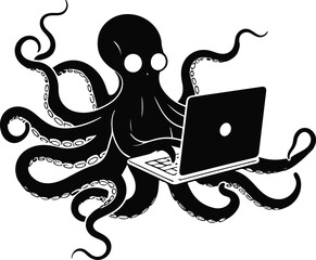 An octopus as a programmer using a laptop, simplified tentacles, flat vector art, clean shape separation, solid colors, bold outline, no gradient, no lighting, modern sticker style, white background © mdrubel