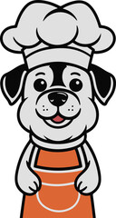 Obraz premium A cute dog as a chef wearing a chef hat and apron, simple front pose, friendly expression, flat vector illustration, solid colors, bold black outline, no gradient, no shadow, white background, illustr