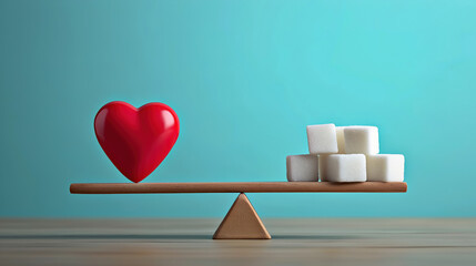 Diabetes Awareness Concept with Red Heart Balancing Sugar Cubes on Scale for Blood Glucose Control, Health Prevention, Medical Education, Chronic Disease Management and Healthy Lifestyle Choices