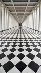 Symmetrical Architectural Corridor With Black And White Checkered Floor Perspective And Minimal Design
