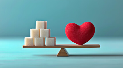 Diabetes Awareness Concept with Red Heart Balancing Sugar Cubes on Scale for Blood Glucose Control, Health Prevention, Medical Education, Chronic Disease Management and Healthy Lifestyle Choices