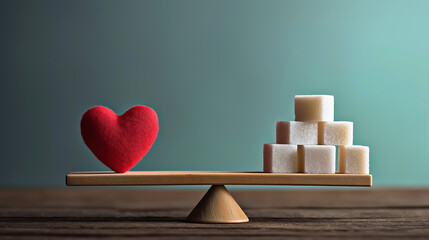 Diabetes Awareness Concept with Red Heart Balancing Sugar Cubes on Scale for Blood Glucose Control, Health Prevention, Medical Education, Chronic Disease Management and Healthy Lifestyle Choices