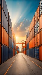 Fototapeta premium Global Shipping Containers Terminal At Sunset With Cargo Logistics Industry And Trade Transportation Concept