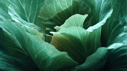 Obraz premium Close-up View of Cabbage Leaves Showcasing Texture and Detail, Emphasizing Organic Patterns and Shadows With a Modern Food Background
