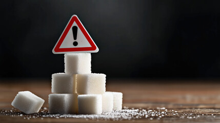 Warning Sign on Stacked Sugar Cubes Demonstrating Harmful Effects of Excessive Sugar Consumption and Health Risks Concept for Diet Awareness and Nutrition Education