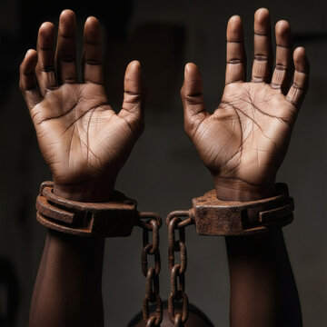 A portrait of black hands outstretched upwards, chained to old and rusty shackles