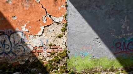 Decaying orange stucco and gray concrete walls covered in cracked plaster, graffiti, and vibrant green moss illuminated by direct sunlight.