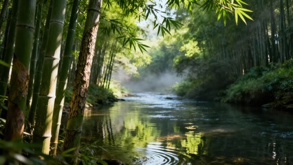 Obraz premium Tall green bamboo stalks lining a clear forest river with shafts of sunlight filtering through the dense jungle canopy and morning mist.
