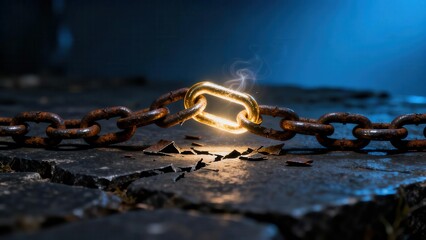 Close up of a highly polished, golden, brightly glowing chain link connecting two sections of heavily rusted brown metal chain.