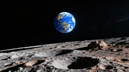 Gray lunar landscape covered in impact craters and dusty rock with the blue and green planet Earth floating in deep black space.
