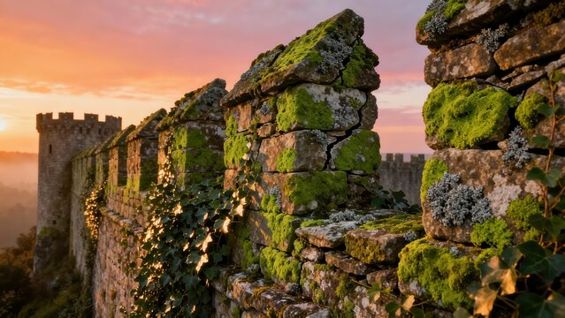 Ancient crenellated castle wall adorned with vibrant green moss and ivy during a dramatic golden sunset.