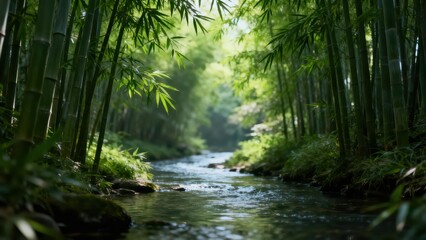 Narrow winding stream flows through a dense emerald bamboo forest bathed in bright dappled sunlight.