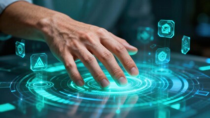 Human hand activates futuristic digital touch screen displaying glowing cyan geometric shapes and data interfaces.