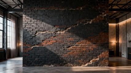 Distressed black stucco wall in industrial loft interior revealing diagonal pattern of exposed weathered red brickwork and natural window light.