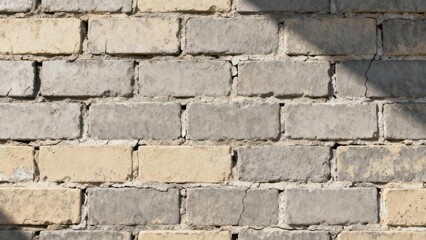 Fototapeta premium Aged concrete brick wall texture featuring alternating gray and pale yellow blocks with visible mortar joints and sharp diagonal shadows.