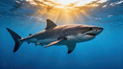 Naklejka premium Massive Great White Shark swimming in deep blue ocean water illuminated by bright golden sunbeams streaming down from the surface.