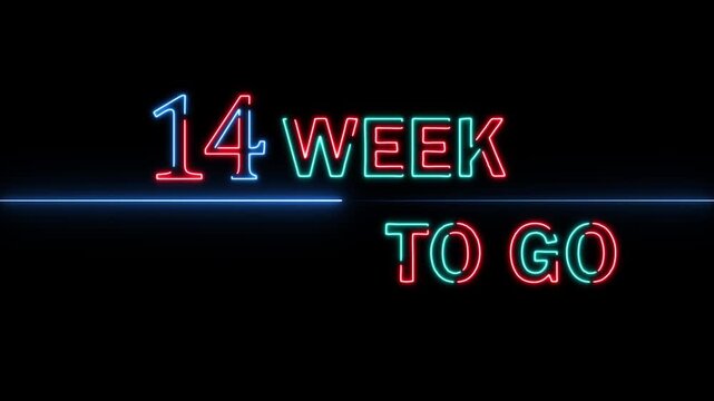 Neon 14week to go animation. Neon counting week on black background. 4K VIDEO