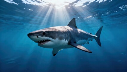 Fototapeta premium Powerful Great White Shark predatory fish swimming underwater showing sharp teeth as sunbeams penetrate the deep blue ocean.