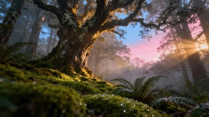 Ethereal sun rays illuminate a giant mossy tree trunk and damp forest floor covered in green moss and sparkling fern leaves.