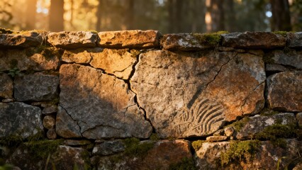 Golden sunlight shines across a rustic dry stone wall adorned with green moss, highlighting an ancient engraved fern motif.