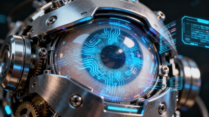 Biomechanical human eyeball surrounded by shiny metallic framework, illuminated with bright blue circuit board graphics and floating holographic data.