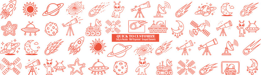 Minimal line art outer space icons with telescopes rockets planets comets aliens satellites and lunar landscapes arranged in seamless horizontal banner layout in monochrome orange outline style