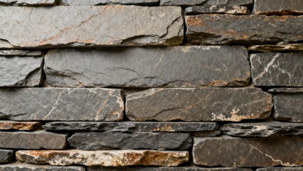 Obraz premium Rustic architectural wall surface built from stacked rectangular natural slate stones featuring charcoal, brown, and light gray tones.