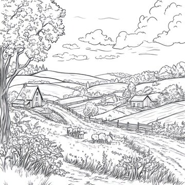 Coloring pages. Cauntry landscapes. Anti-stress. Landscapes. Coloring books. Black and white.