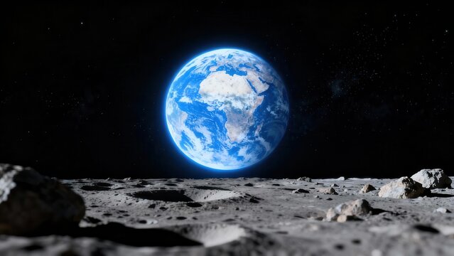 Spectacular view of the blue and white Earth planet rising above the textured gray surface of the Moon in black deep space.