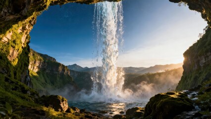 Spectacular waterfall cascading over rocky cliffs viewed from a dark mossy cave opening during bright golden hour.