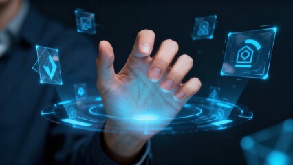Human hand reaching to touch futuristic glowing blue holographic interface displaying decentralized digital icons.