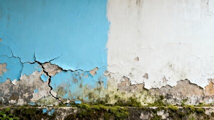 Distressed textured concrete wall featuring large structural cracks, peeling cyan and white paint flakes, and damp green moss growth along the base.