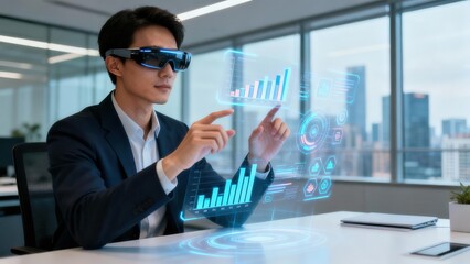 Asian businessman wearing futuristic goggles interacts with glowing holographic business charts and graphs projected in an office environment.