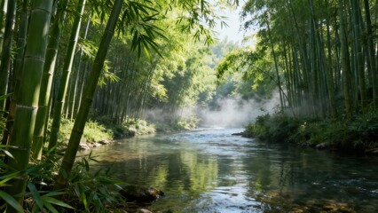 Towering green bamboo stalks line the banks of a rushing river in a humid forest grove illuminated by shafts of morning sunlight and mist.