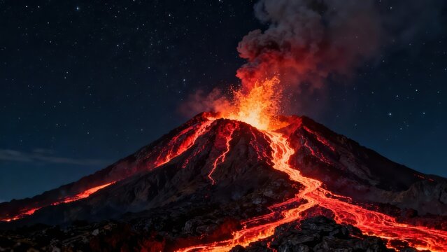 Spectacular active stratovolcano eruption illuminated by intensely glowing orange and red molten lava flowing down the dark rocky slope at night.