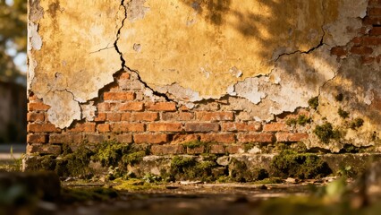 Dilapidated structure corner featuring exposed red bricks beneath cracked ochre stucco and dark green moss in warm afternoon light.