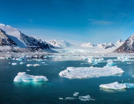 panoramic view of ice floes floating on turquoise water with snowy mountains in the background creating a breathtaking arctic landscape