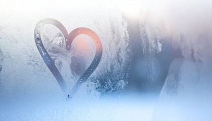 Fototapeta premium Heart drawn on a frosty window pane with winter landscape.