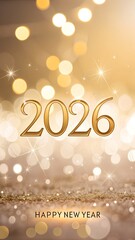 Happy New Year 2026 vertical mobile wallpaper, centered glowing 2026 text, gold and champagne colors, soft bokeh lights, clean composition, high resolution, phone wallpaper aesthetic
