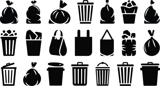 black silhouette icons of garbage bags and trash cans for waste management