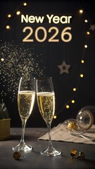 Happy New Year 2026 celebration, champagne glasses clinking, golden bubbles, glowing 2026 text, dark elegant background, luxury party atmosphere, cinematic lighting, ultra realistic
