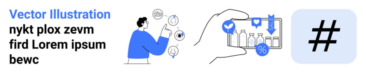 Obraz premium Person engaging with online content icons, hand holding touchscreen with products, and metadata tag representation. Ideal for marketing, e-commerce, communication, promotion, technology, branding