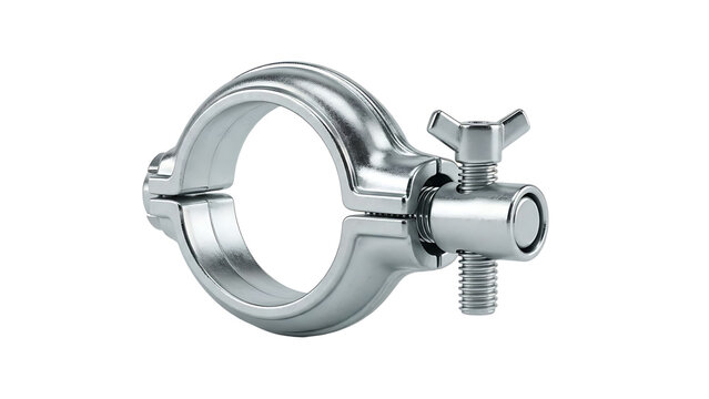 Metal Pipe Clamp with Wing Nut on White Background for Plumbing and Mechanical Repairs