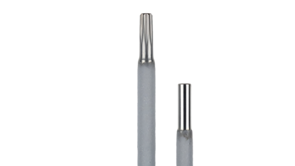 Close Up of Two Surgical Dental Burs in Silver Metal with Sharp Grooves on White Background