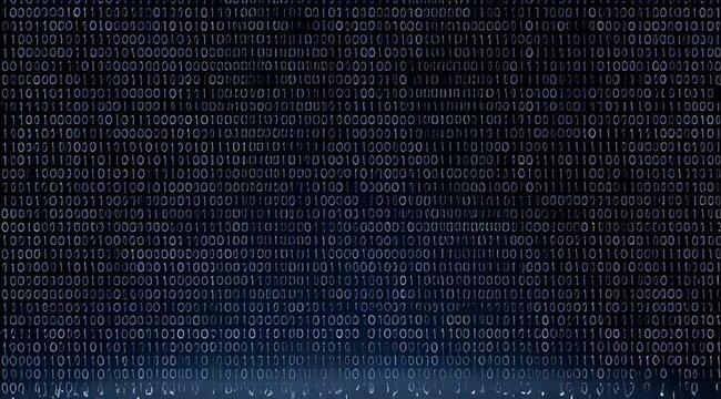 Digital data stream with binary code falling into darkness
