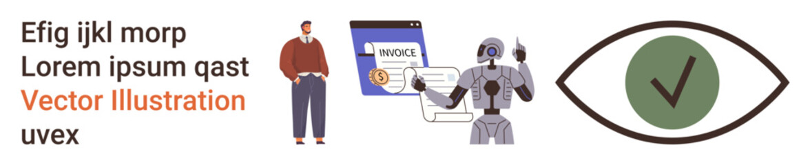 Automation, AI tools, security verification, invoicing systems, technology advancement, human-robot collaboration. A person stands next to an invoice interface and a robot, with a checkmark inside © robu_s