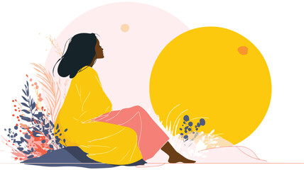 Mystical Woman Sitting in Front of Moon with Sun Behind Her