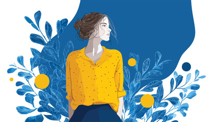 Confident Woman Standing in Front of Blue Wall with Yellow Shirt - Professional Business Image