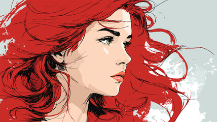Stylish Woman with Red Hair and Red Hair Vector Outline Isolated